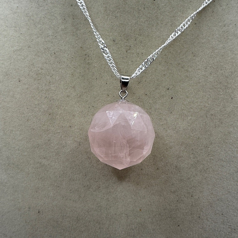 SOLD Rose Quartz 3D Round Pendant on Sterling Silver Chain